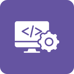 Computer with code and gear icon.