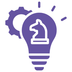 Purple lightbulb with knight and gear.