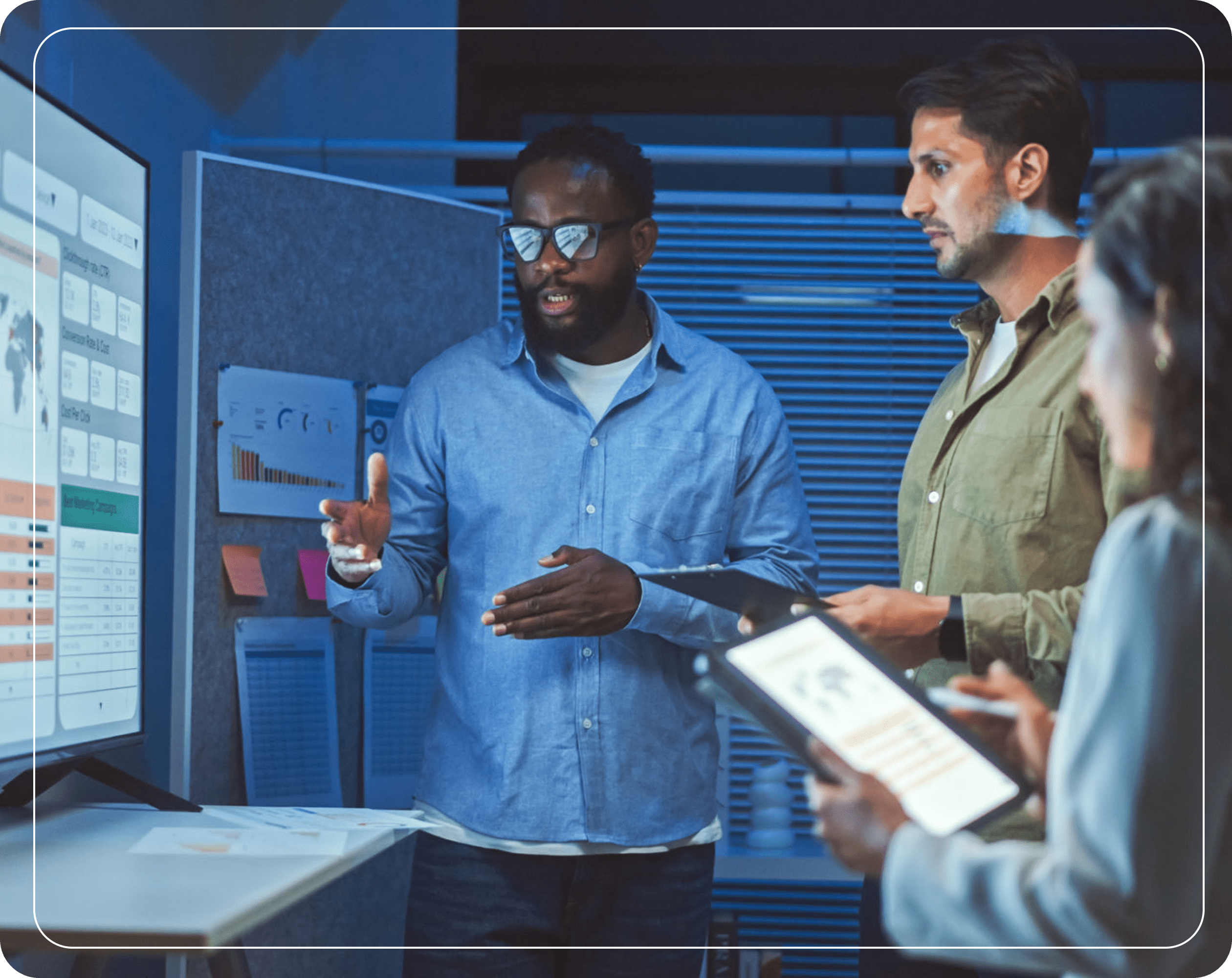 Team discussing data in a modern office.