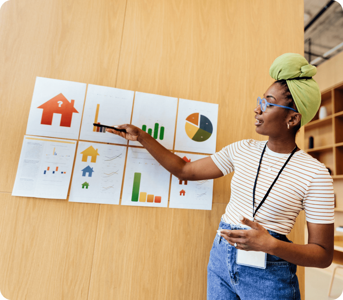 Woman presenting charts and graphs on wall.