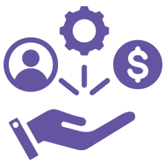Hand with person, gear, and dollar symbols.