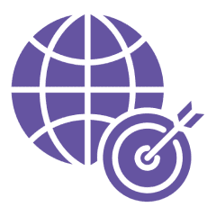 Purple globe and target icon on black.