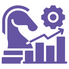 Purple strategy icon with chess, gear, graph.