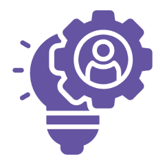Purple gear and lightbulb icon on black.