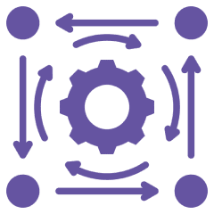 Purple gear with surrounding arrows and dots.