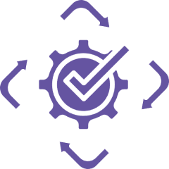 Purple gear with checkmark and arrows.