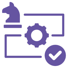 Purple icons: knight, gear, checkmark on black.