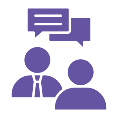 Two people with speech bubbles, purple icons.