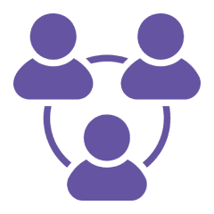 Three connected purple user icons on black.