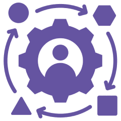 Purple gear and shapes with arrows, silhouette.