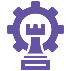 Purple gear and rook chess piece logo.