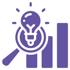 Magnifying glass, lightbulb, and bar graph icon.