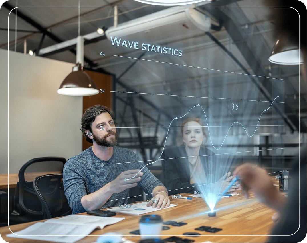 People analyzing holographic wave statistics graph.