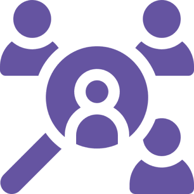 Magnifying glass and people icons in purple.