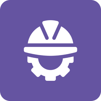 Hard hat and gear icon on purple background.