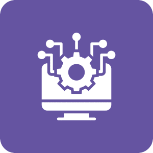 Gear and circuit icon on purple background.