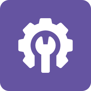Wrench and gear icon on purple background.