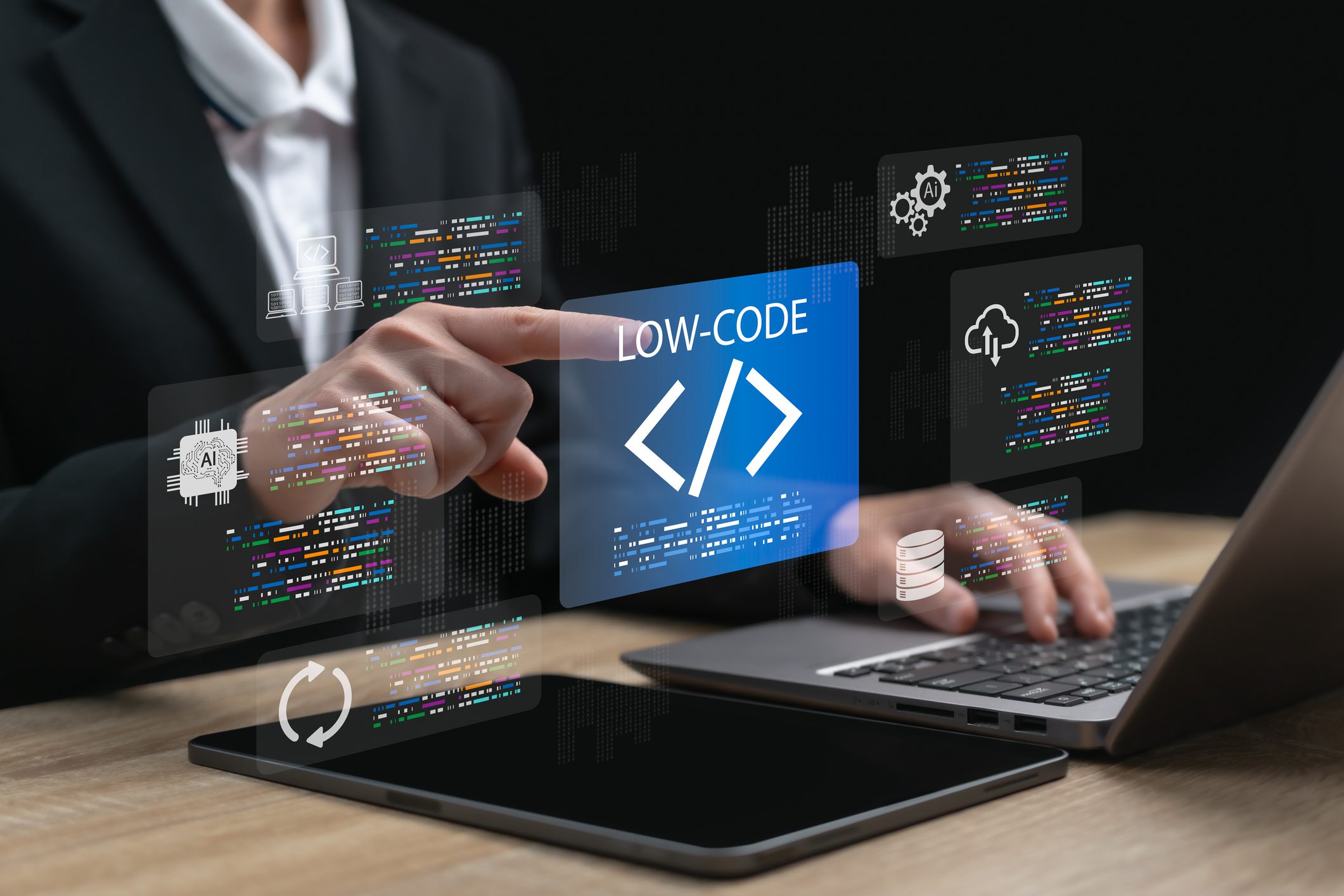 Low Code, No Code AI Platform Concept, Businesswomen use Automated Software Development Tools for Business Innovation, Workflow Optimization, Modern Application Development for Digital Transformation